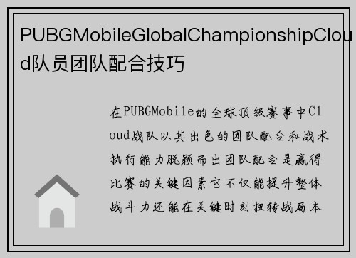 PUBGMobileGlobalChampionshipCloud队员团队配合技巧